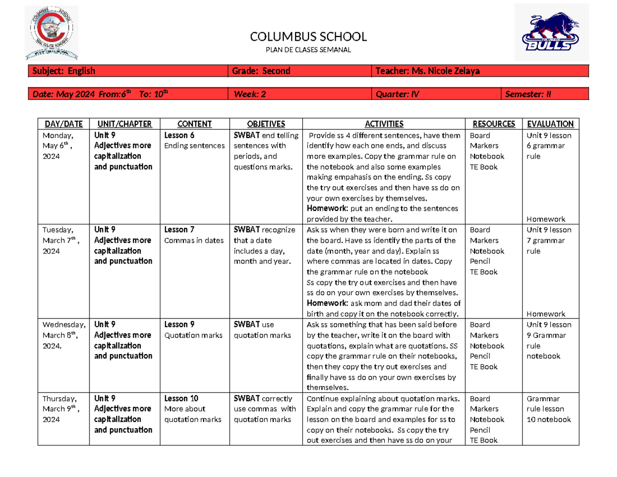 English Lesson Plan Week 3 IV Cycle - COLUMBUS SCHOOL PLAN DE CLASES ...