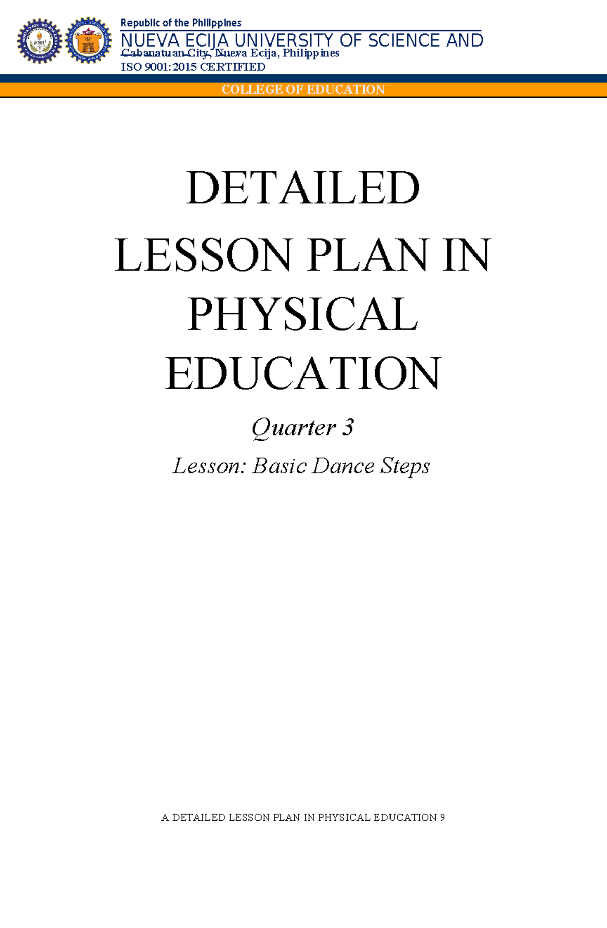 Detailed Lesson Plan on Basic Dance Steps - PE 9 - Studocu