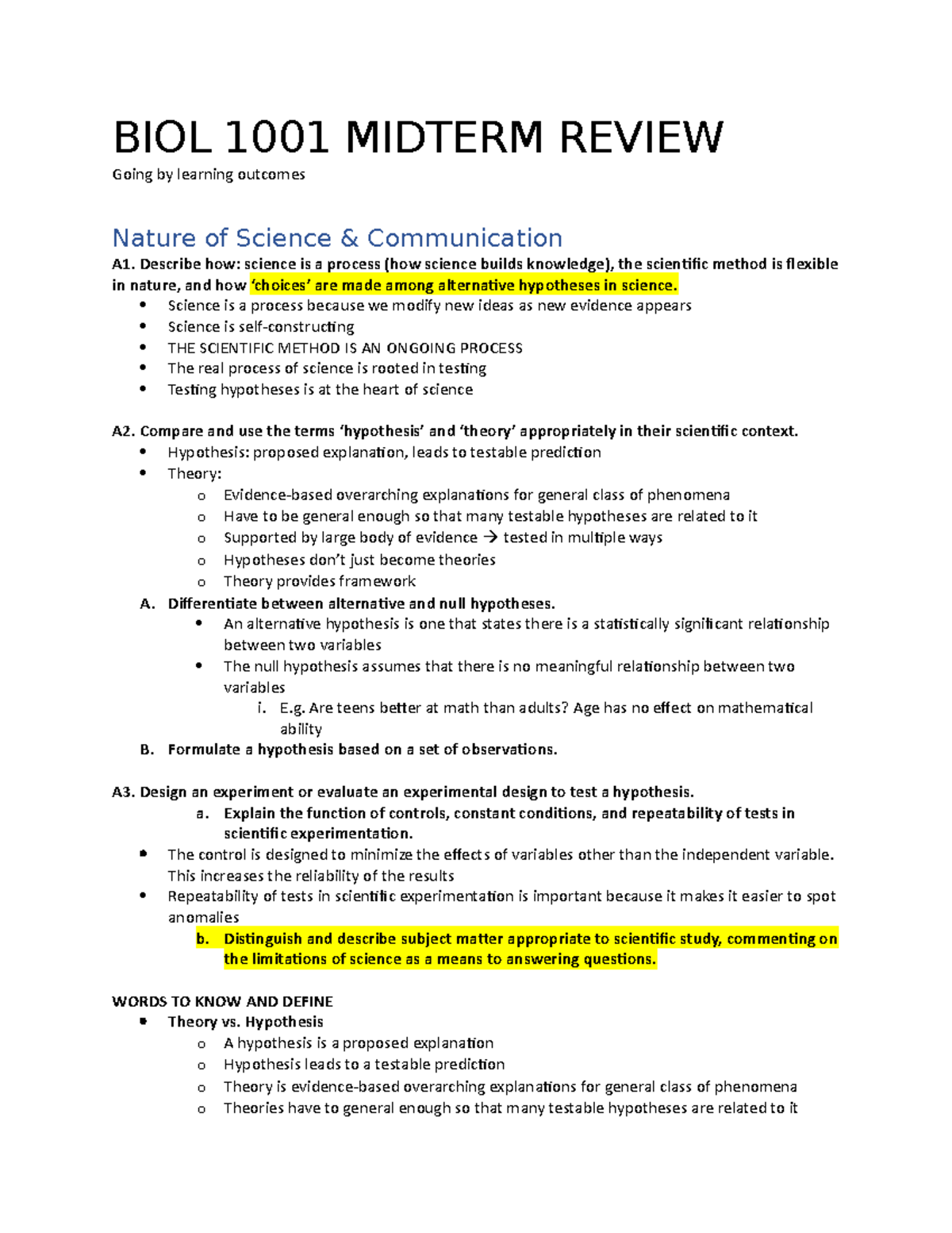 BIOL 1001 Midterm 1 Review - BIOL 1001 MIDTERM learning of Science ...