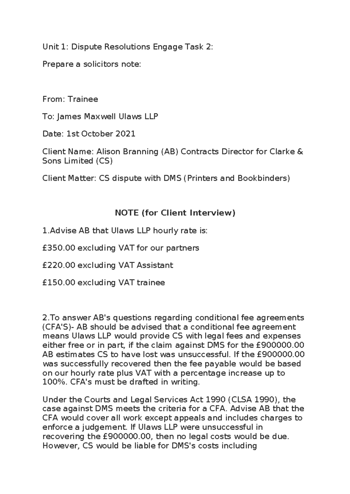 Unit 1: Dispute Resolutions Engage Task 2 - Solicitor's Note for AB ...