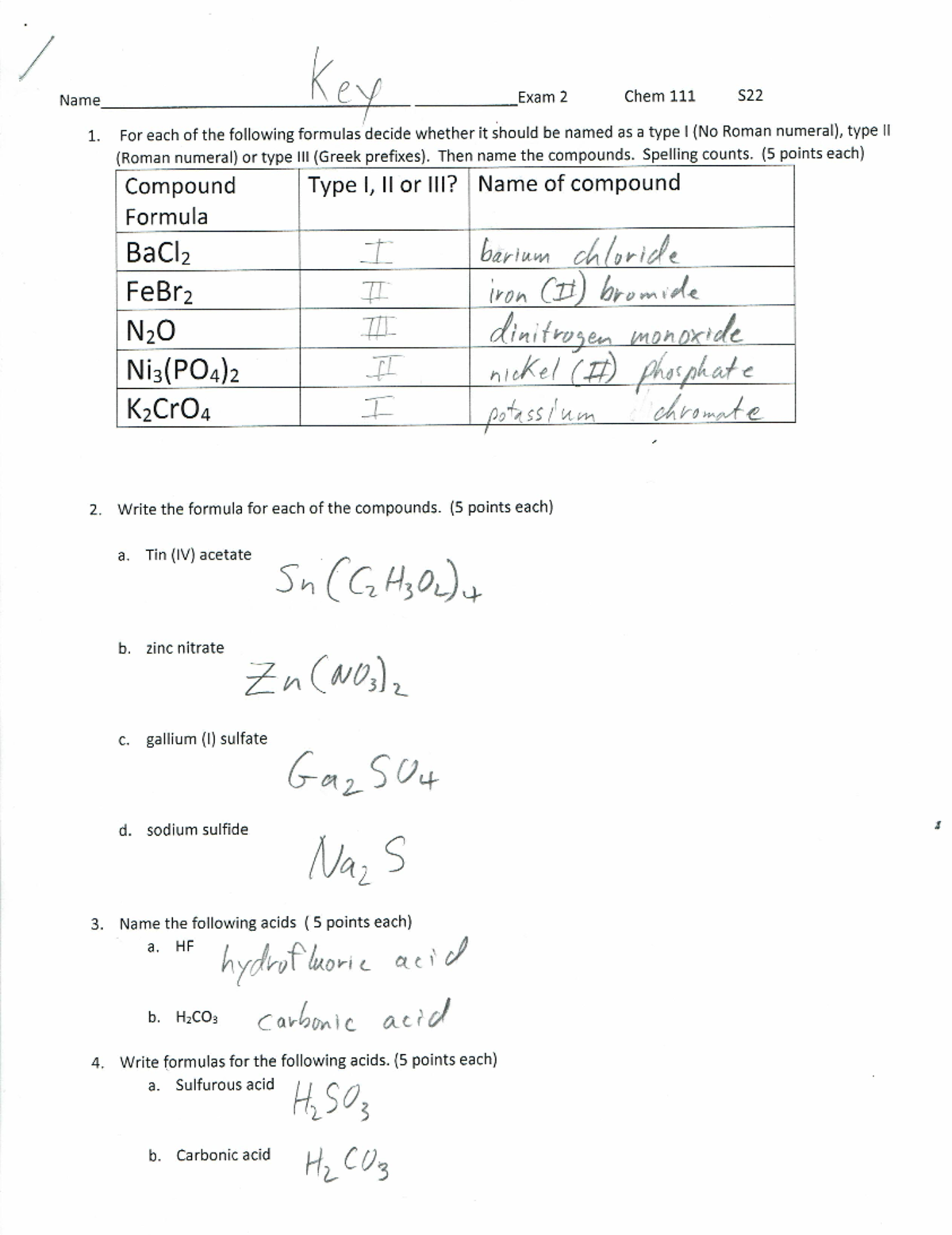 Chem 111 Exam 2 Solutions S22: Naming Compounds and Formulas - Studocu