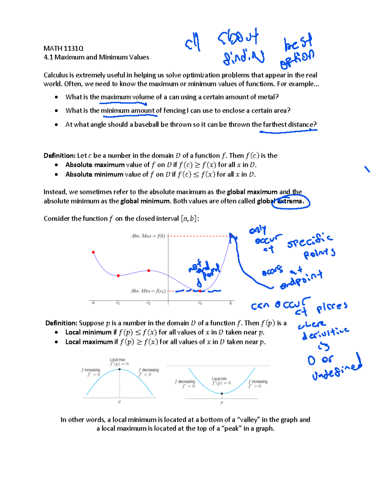 MATH 1131Q 4.1 Notes - MATH 1131Q 4 Maximum and Minimum Values Calculus ...