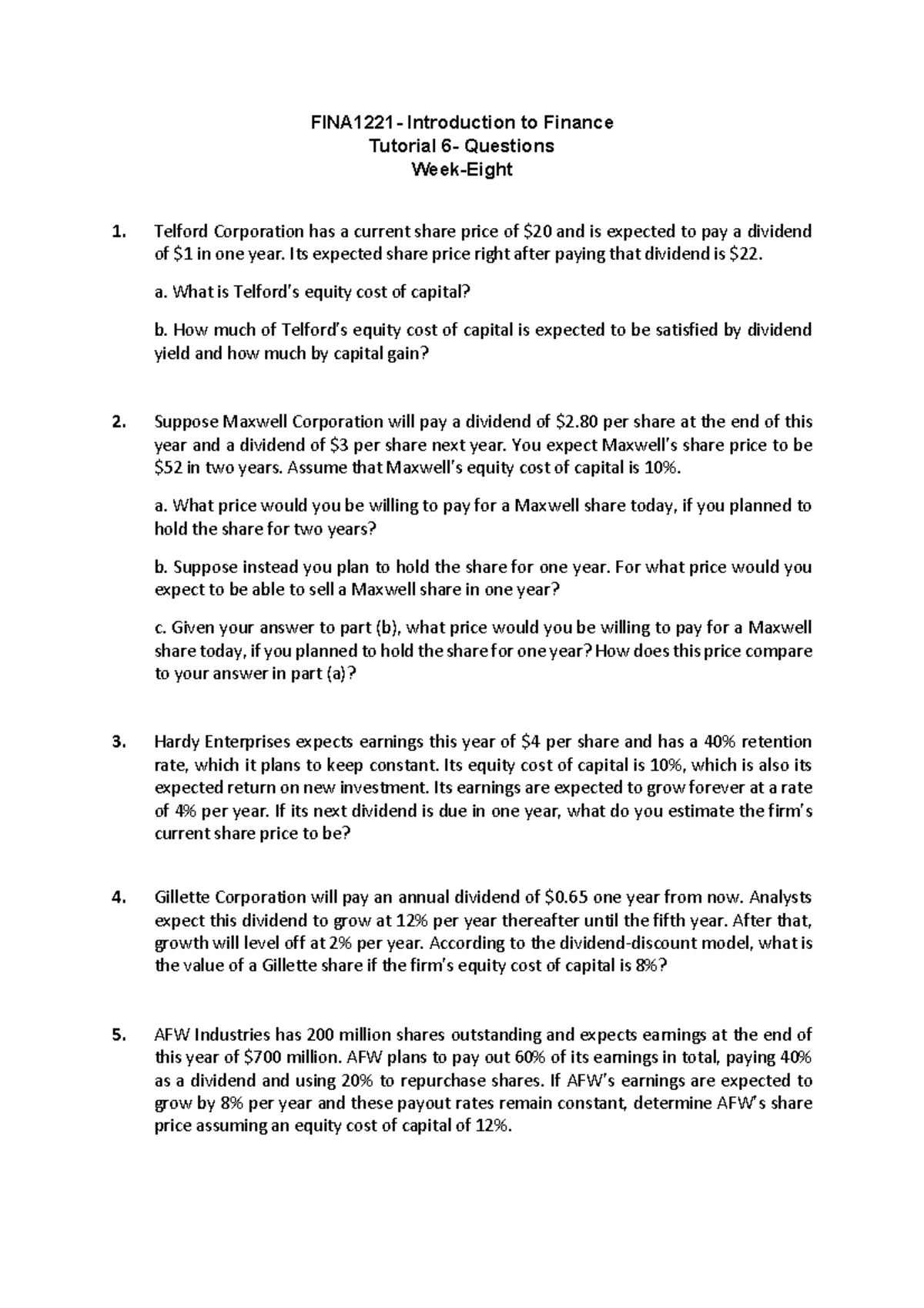 Finance 101: Tutorial Questions on Equity Cost of Capital - Studocu