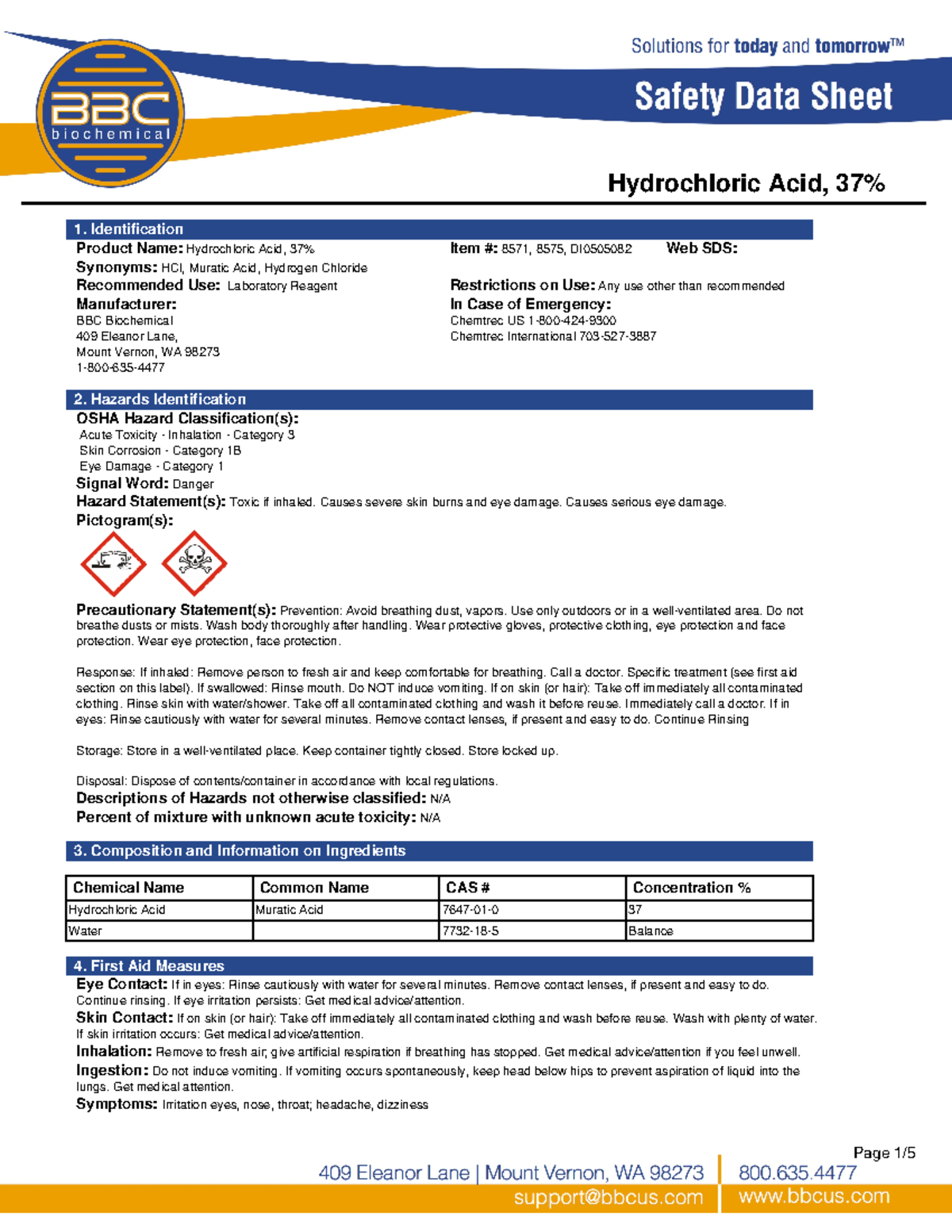Hydrochloric Acid 37% (HCl) Safety Data Sheet for Lab Use - Studocu