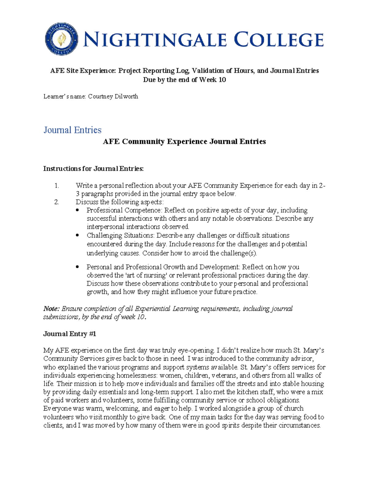 AFE Community Experience Journal Entries: Reflection & Growth - Studocu