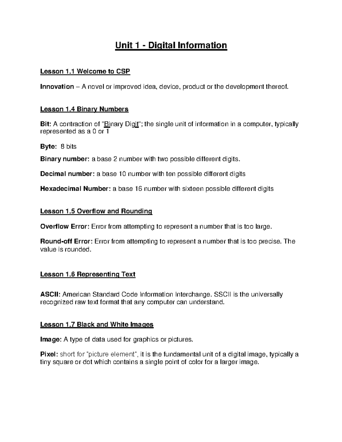 2024+ Apcsp+Vocabulary+Semester 1 - Unit 1 - Digital Information Lesson ...