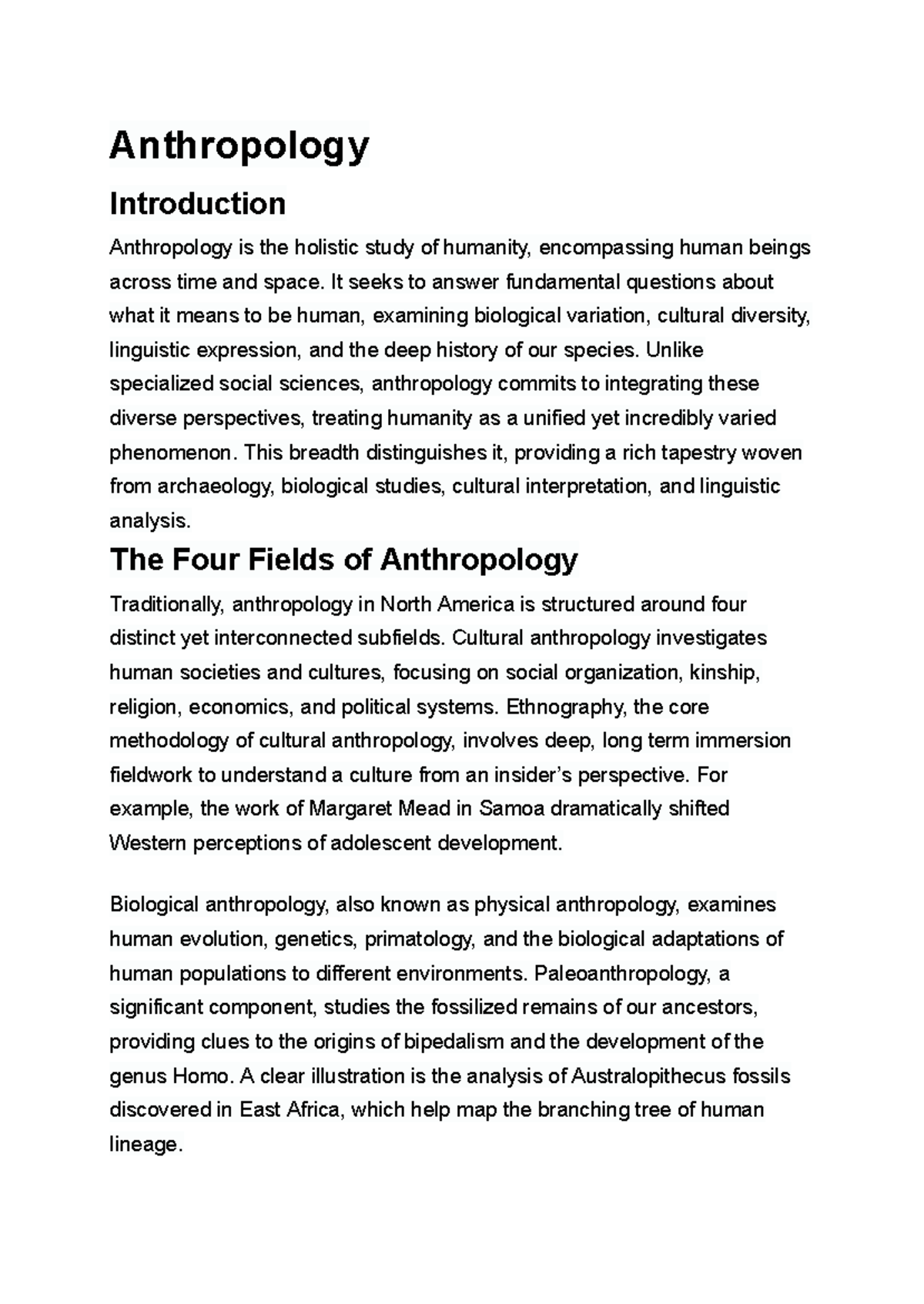 ANTH 101: Introduction to Anthropology - Key Concepts and Fields - Studocu