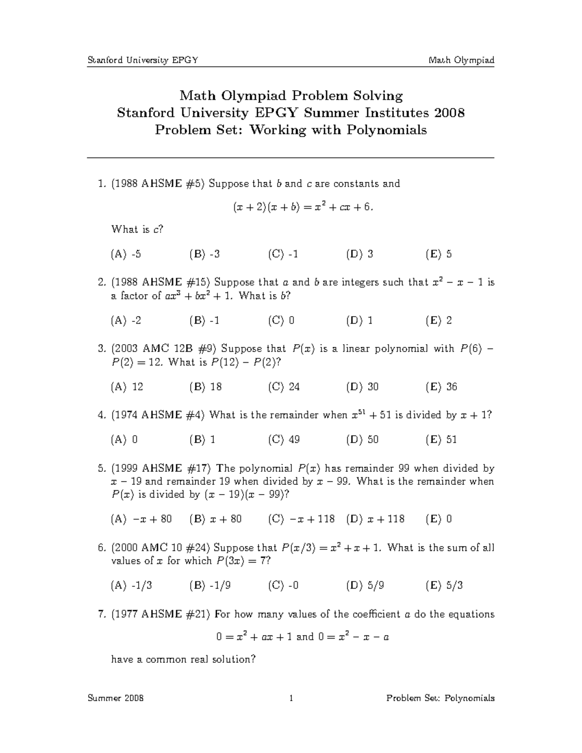 130998060 Math Olympiad Problem Set on Polynomials - Studocu