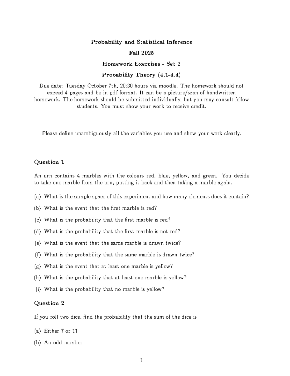 Prob & Stat Inference Fall 2025 Homework Set 2: Probability Theory ...
