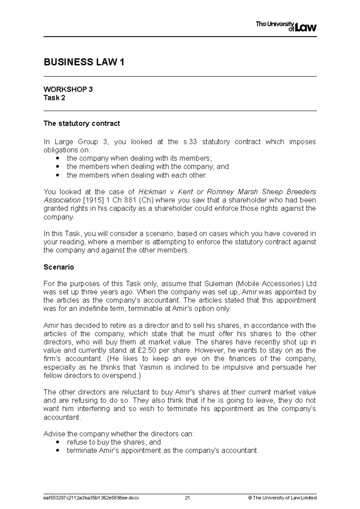 BUSINESS LAW 1: Workshop 3 Task 2 - Statutory Contract Analysis - Studocu