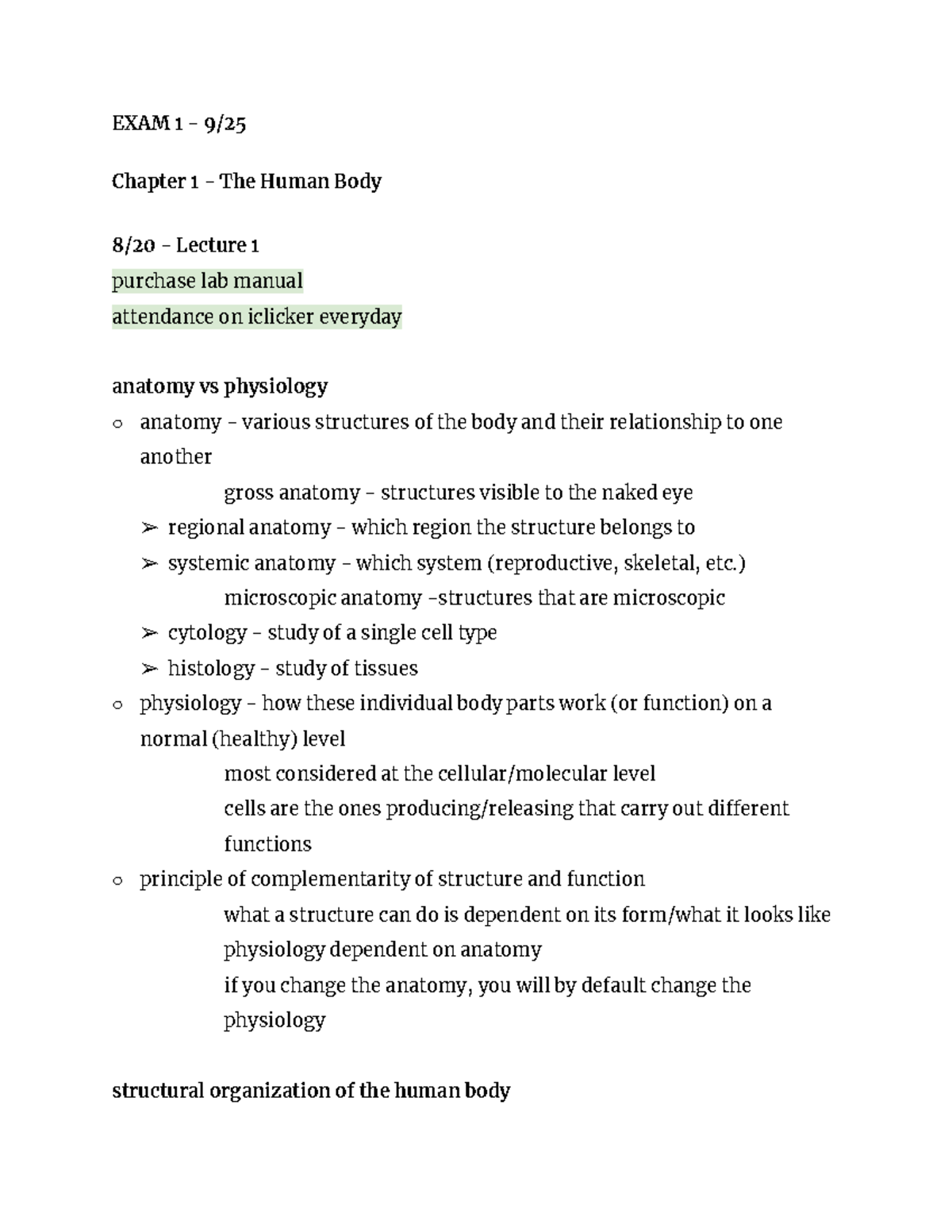 Biol 251 - human anatomy - EXAM 1 - 9/ Chapter 1 - The Human Body 8/20 ...