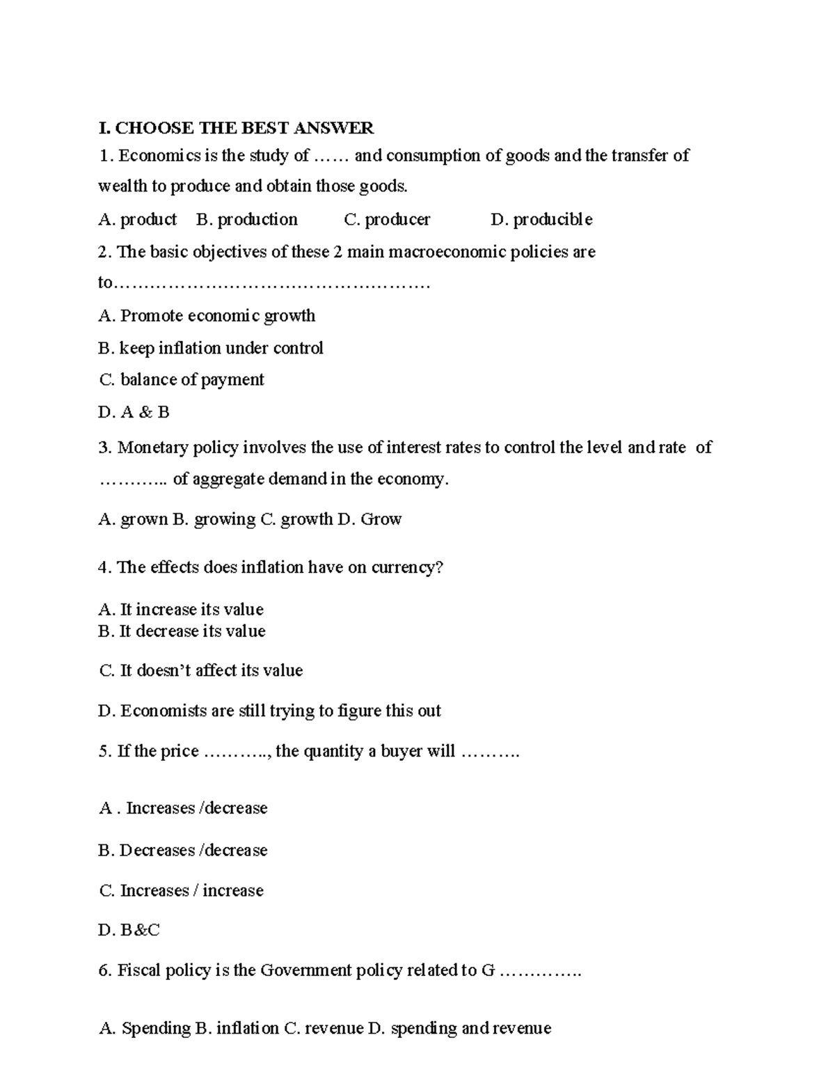 Đề 2: Economics Quiz - Multiple Choice Questions and Answers - Studocu