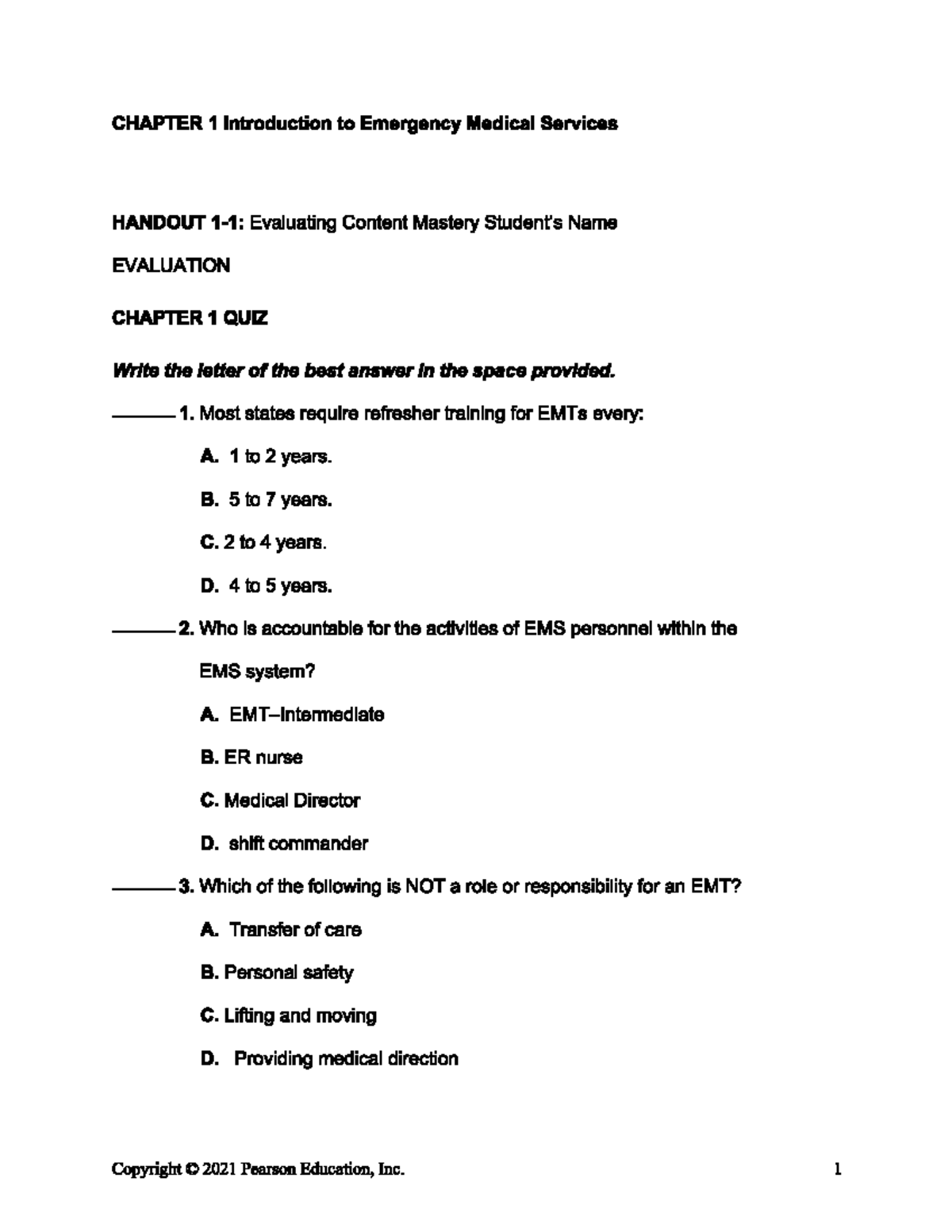 CHAPTER 1 EMS Introduction Quiz and Evaluation Handout - Studocu