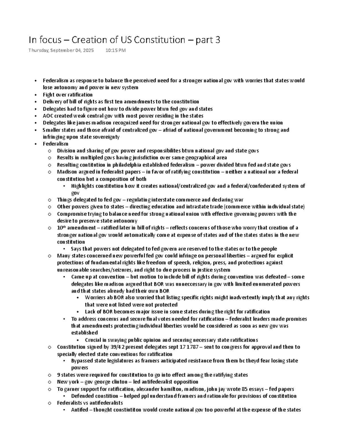Examining Federalism & Bill of Rights in US Constitution (HIST 101 ...