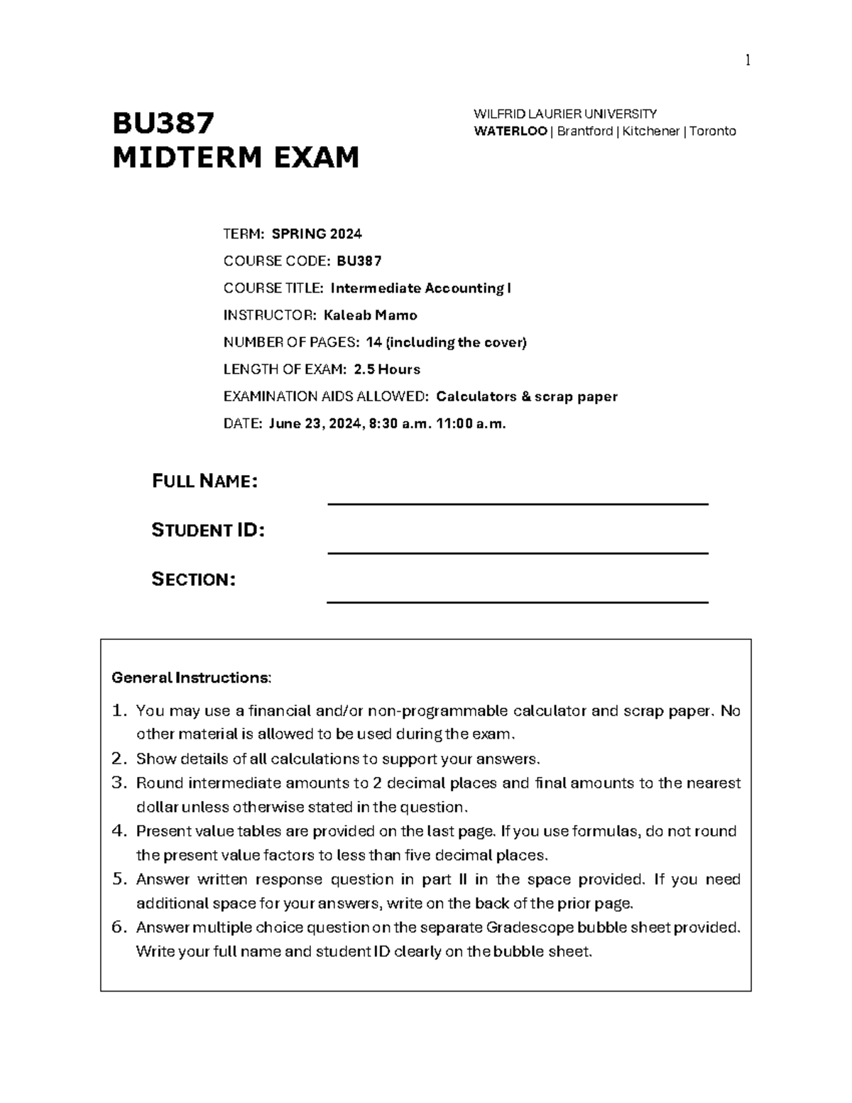BU387 Midterm Exam Solutions - Intermediate Accounting I (Spring 2024 ...