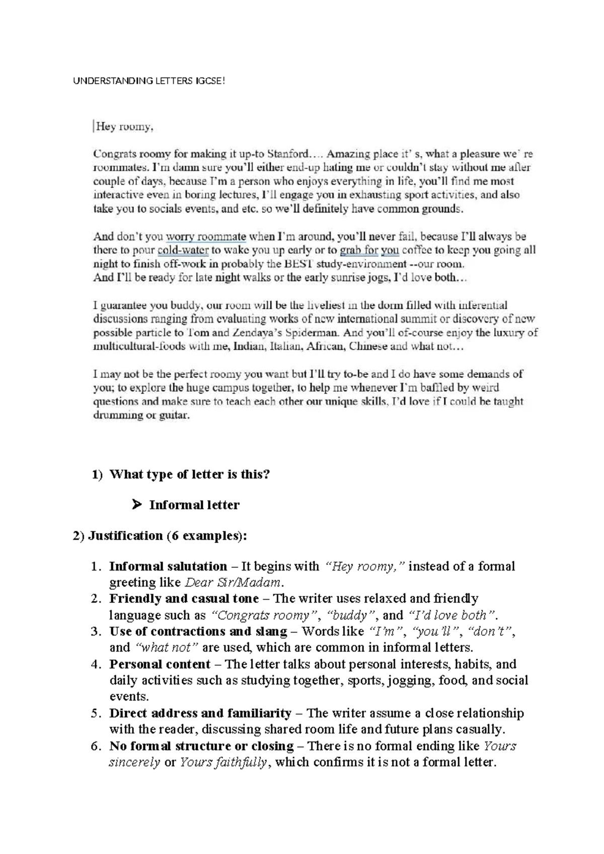Understanding Informal Letters IGCSE: Structure & Examples - Studocu