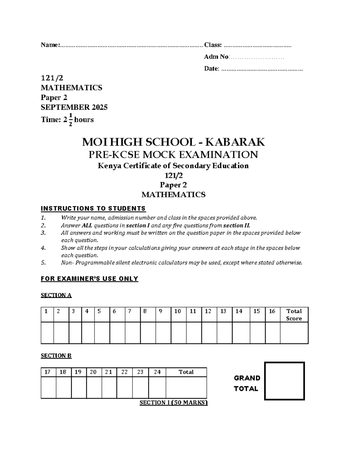Maths - PP2 PRE KCSE 2025 Mock Exam Paper - Studocu