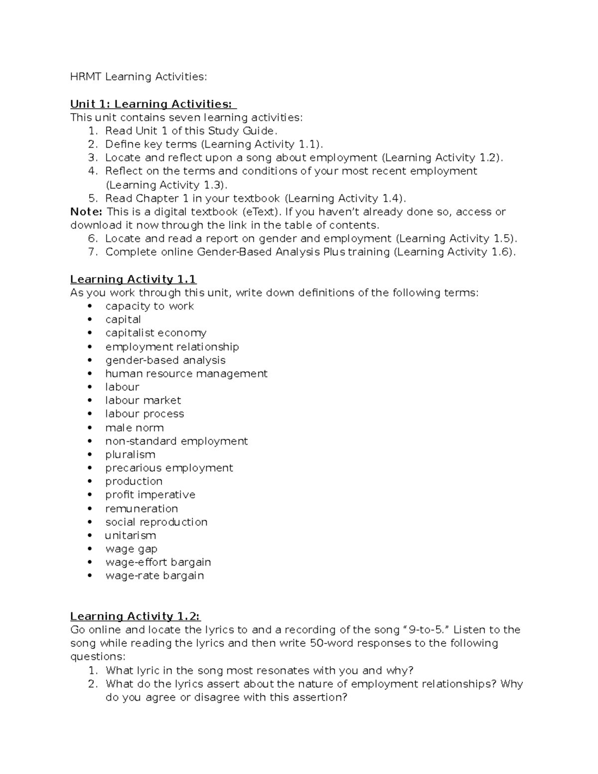 HRMT Learning Objectives Unit 1-4 - HRMT Learning Activities: Unit 1 ...