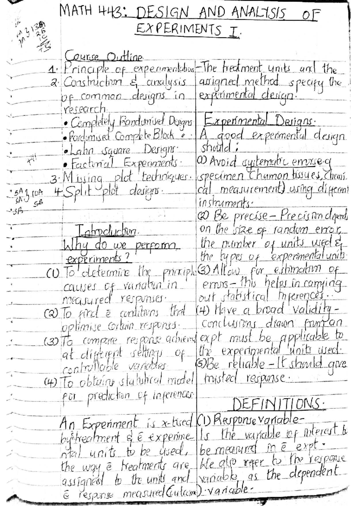 MATH 443: Design and Analysis of Experiments I - Course Outline - Studocu