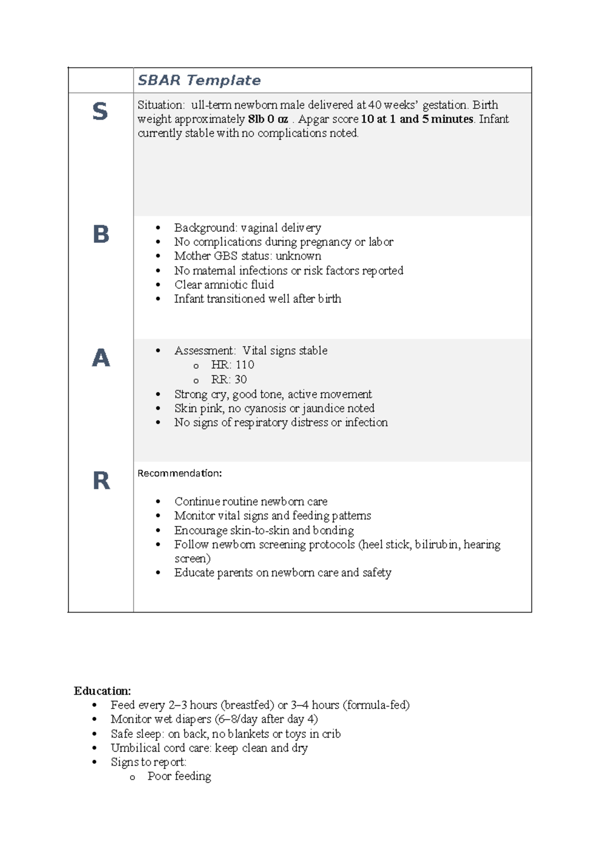 SBAR Template for Newborn Assessment - SBAR for SIM - Studocu