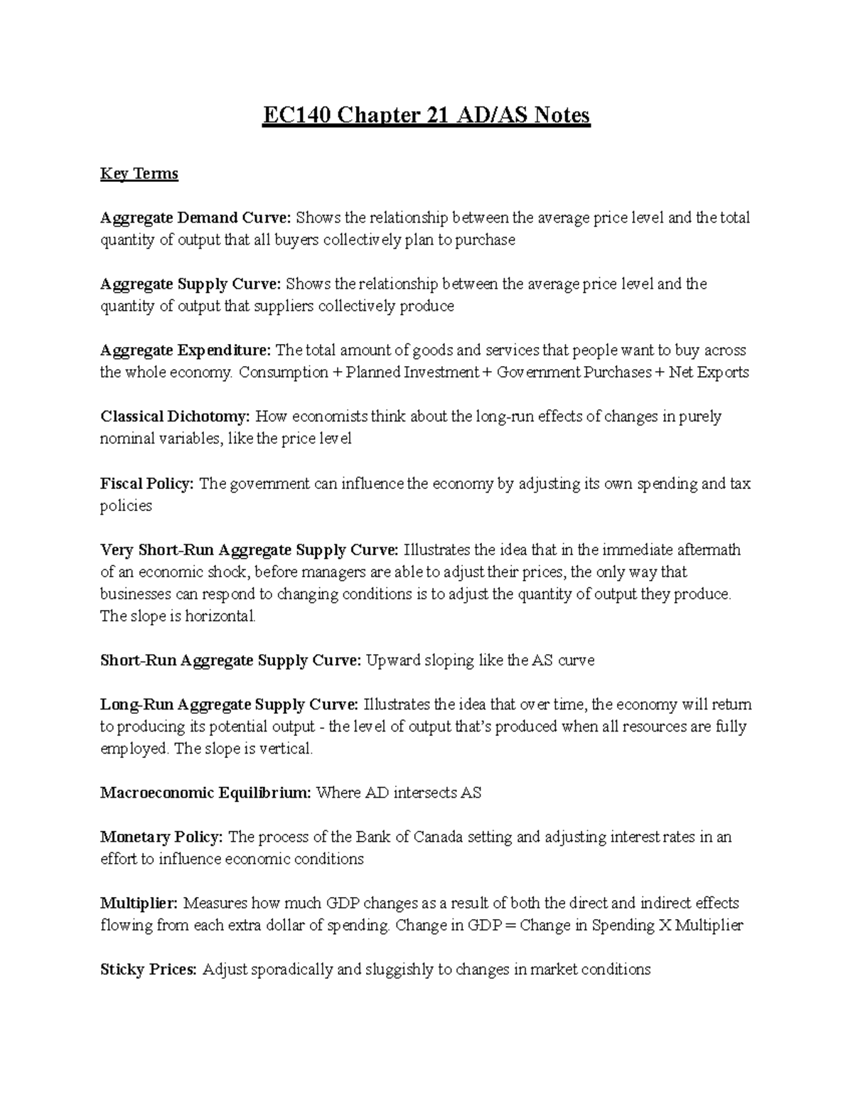 EC140 Chapter 21 Notes: Key Terms on AD and AS Curves - Studocu