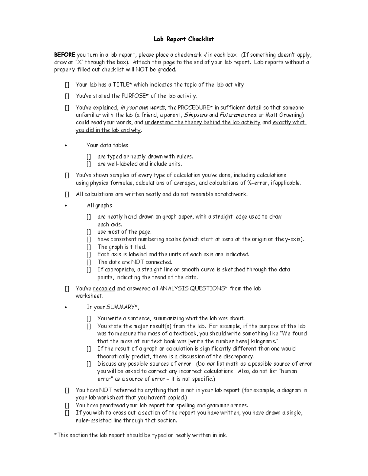 Lab Report Checklist - Lab Report Checklist BEFORE you turn in a lab ...