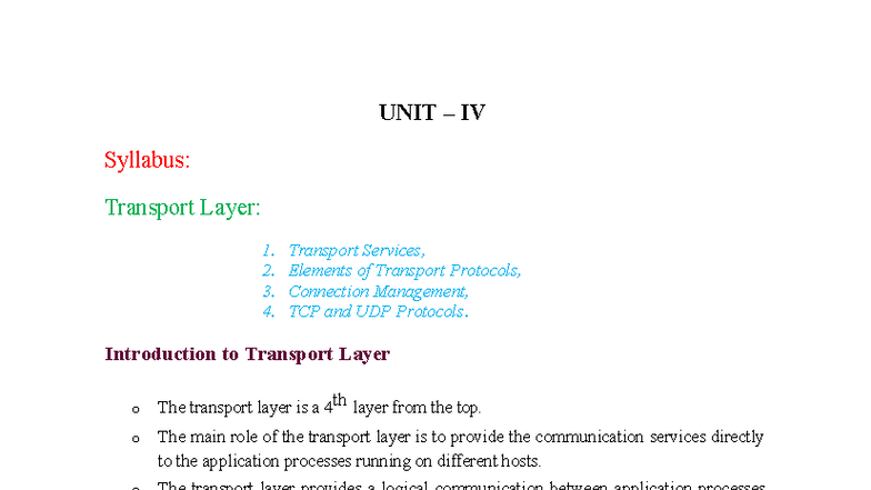 DSR CN UNIT-IV: Transport Layer Protocols and Services Overview - Studocu