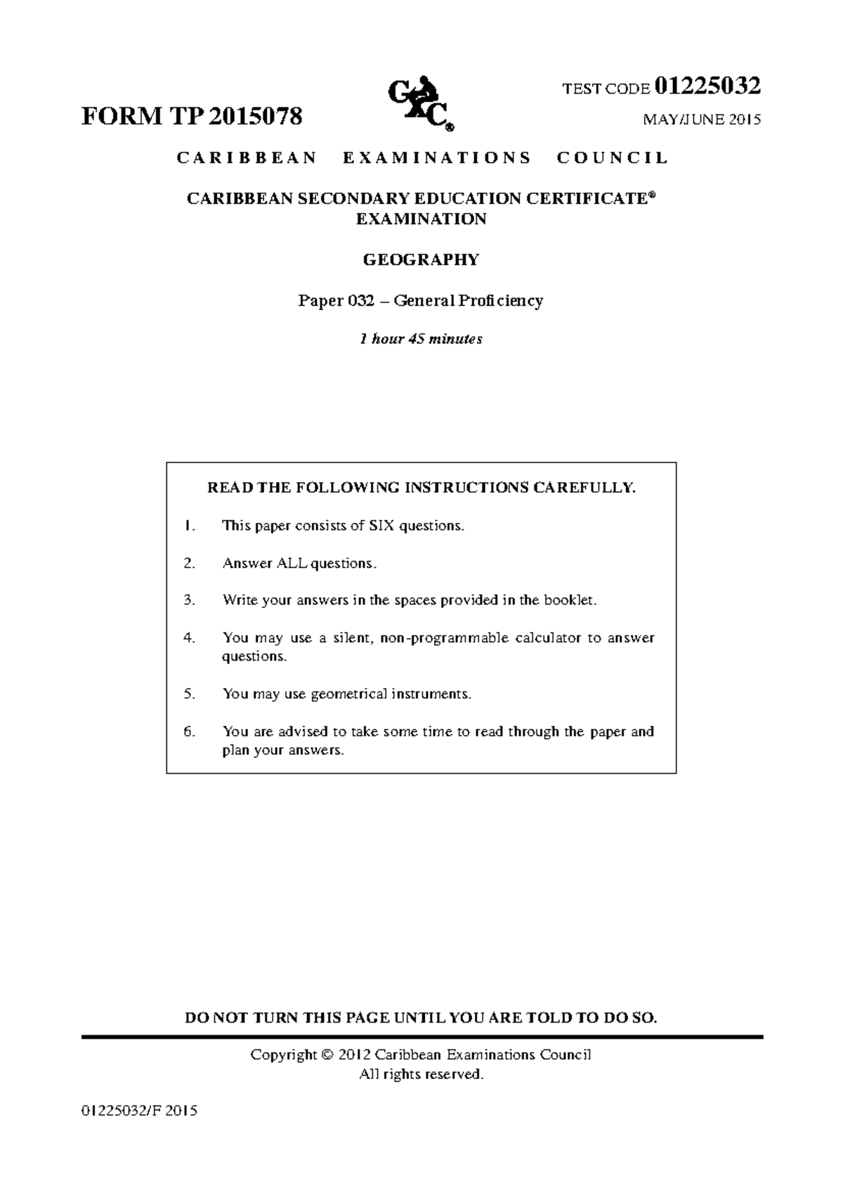 CSEC Geography Exam Paper 032 - June 2015 Test Questions - Studocu