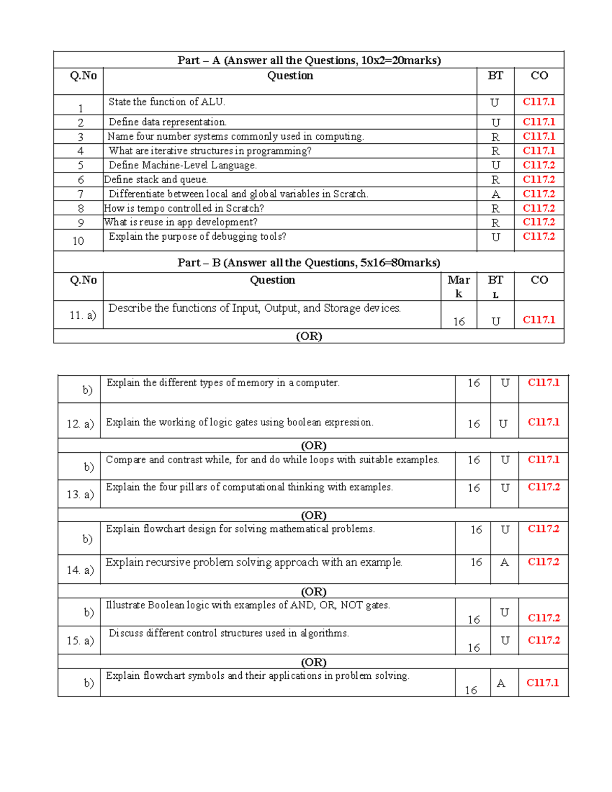 C117 - Final Exam Question Paper: Computer Science Concepts - Studocu