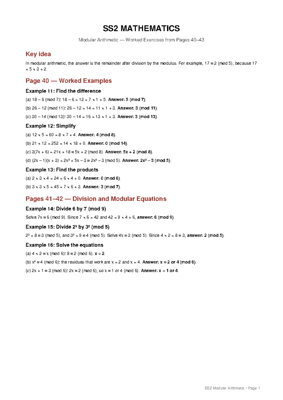 SS2 MATHEMATICS Modular Arithmetic Exercises (Pages 40-43) - Studocu