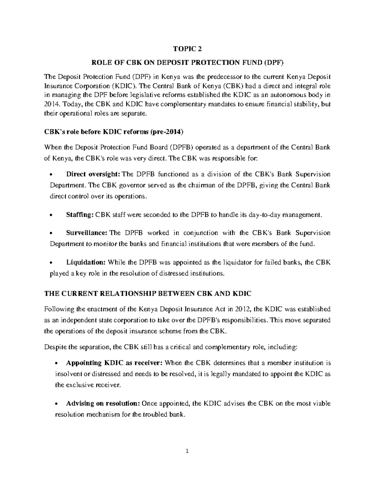 Topic 2: Role of CBK in Deposit Protection Fund (DPF) Management - Studocu