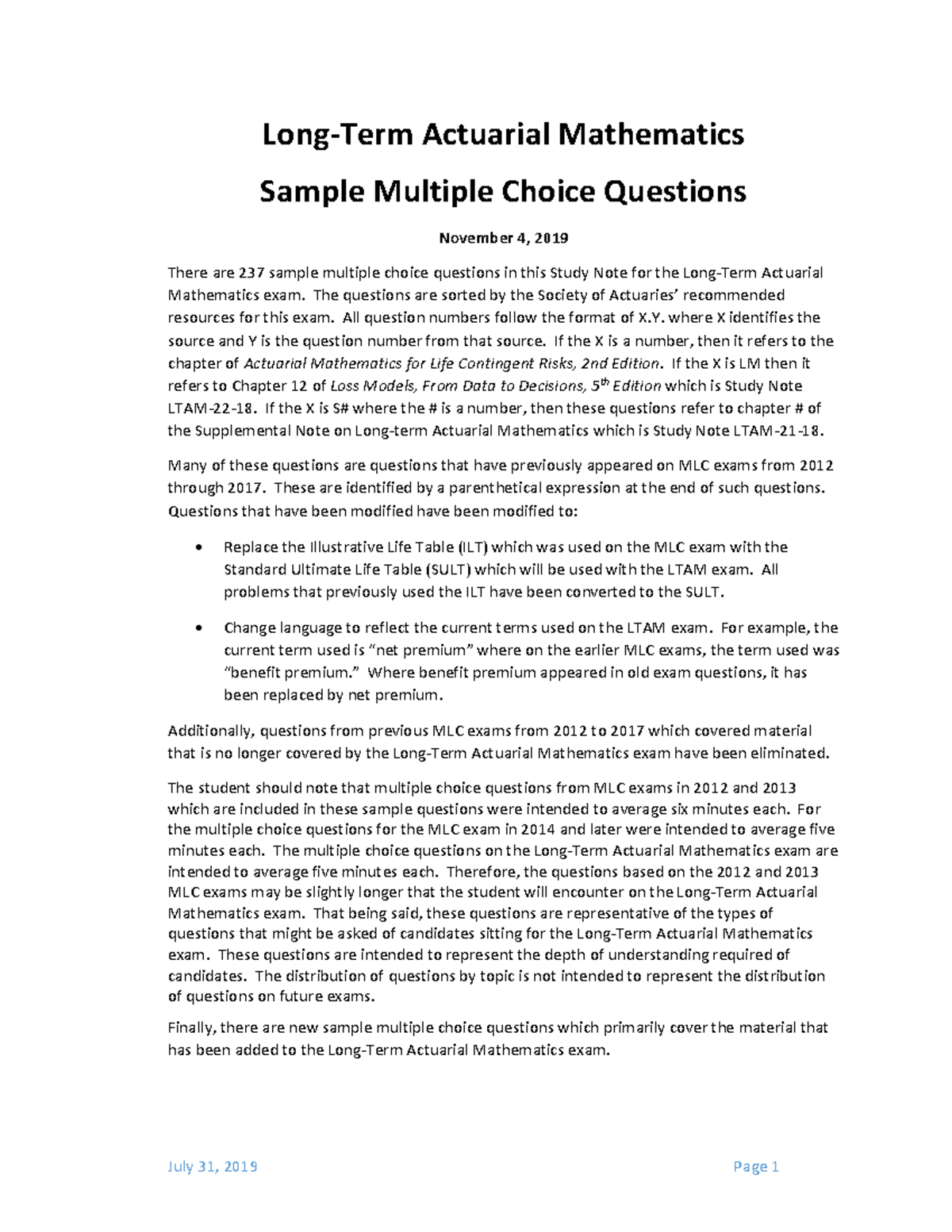 LTAM - Sample MCQs for Long-Term Actuarial Mathematics Exam - Studocu