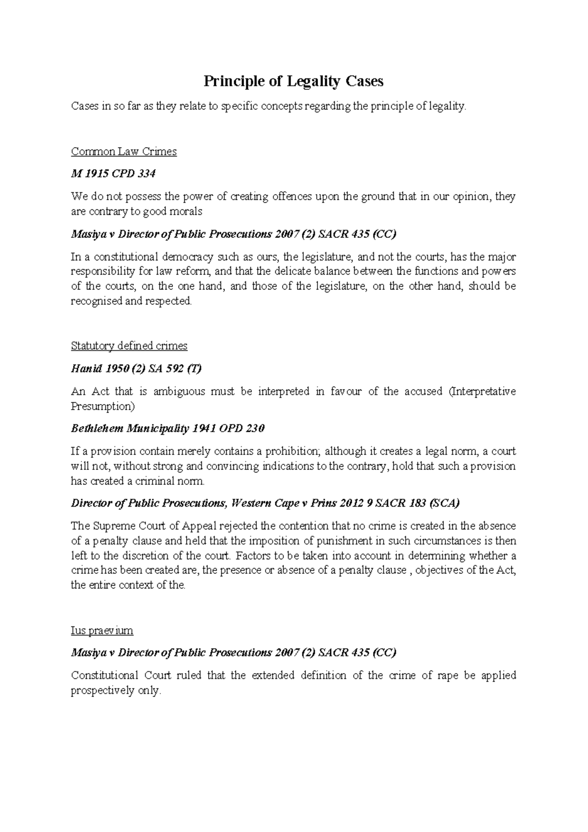 Principle of Legality: Key Case Summaries and Concepts (M 1915 CPD 334 ...