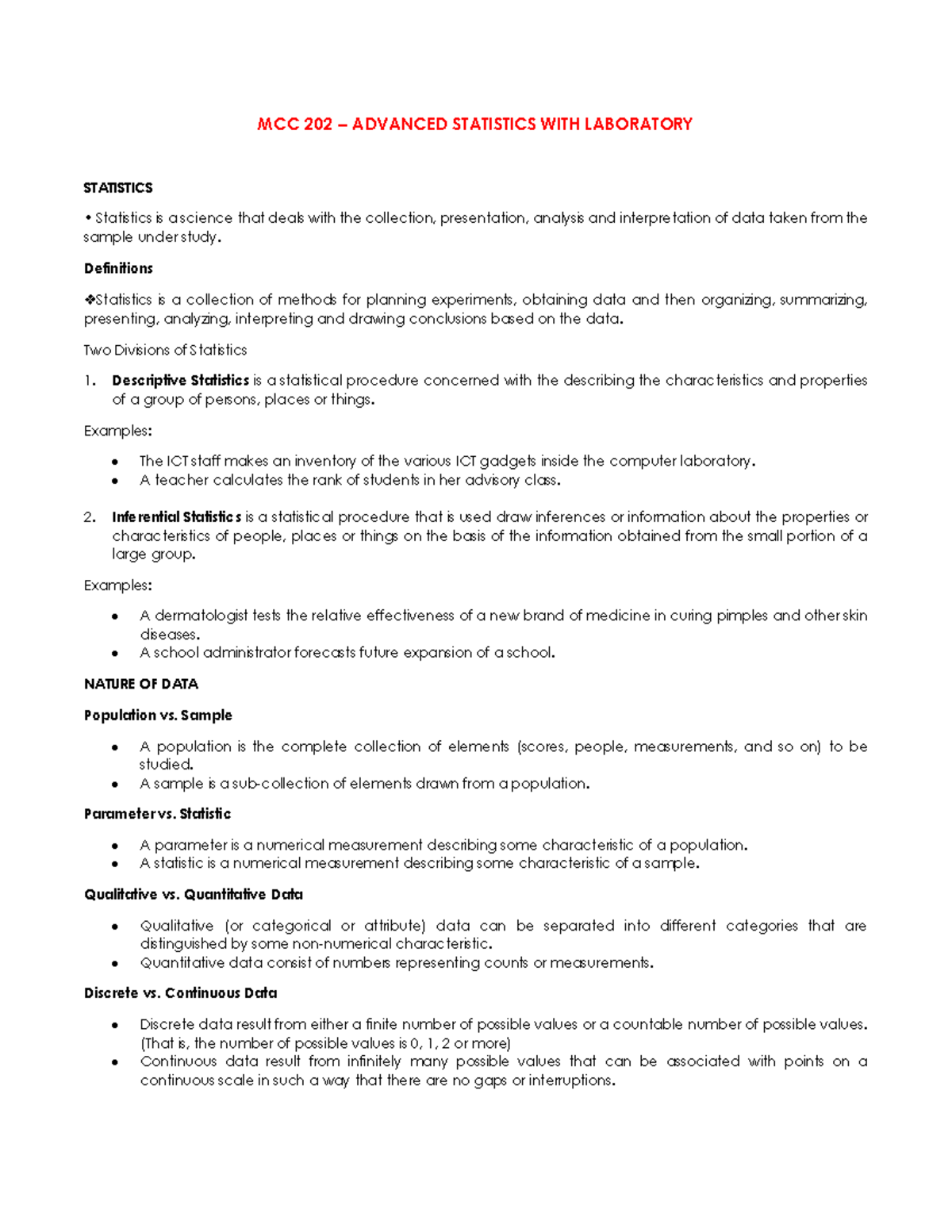 MCC 202 Advanced Statistics with Laboratory Notes - Studocu