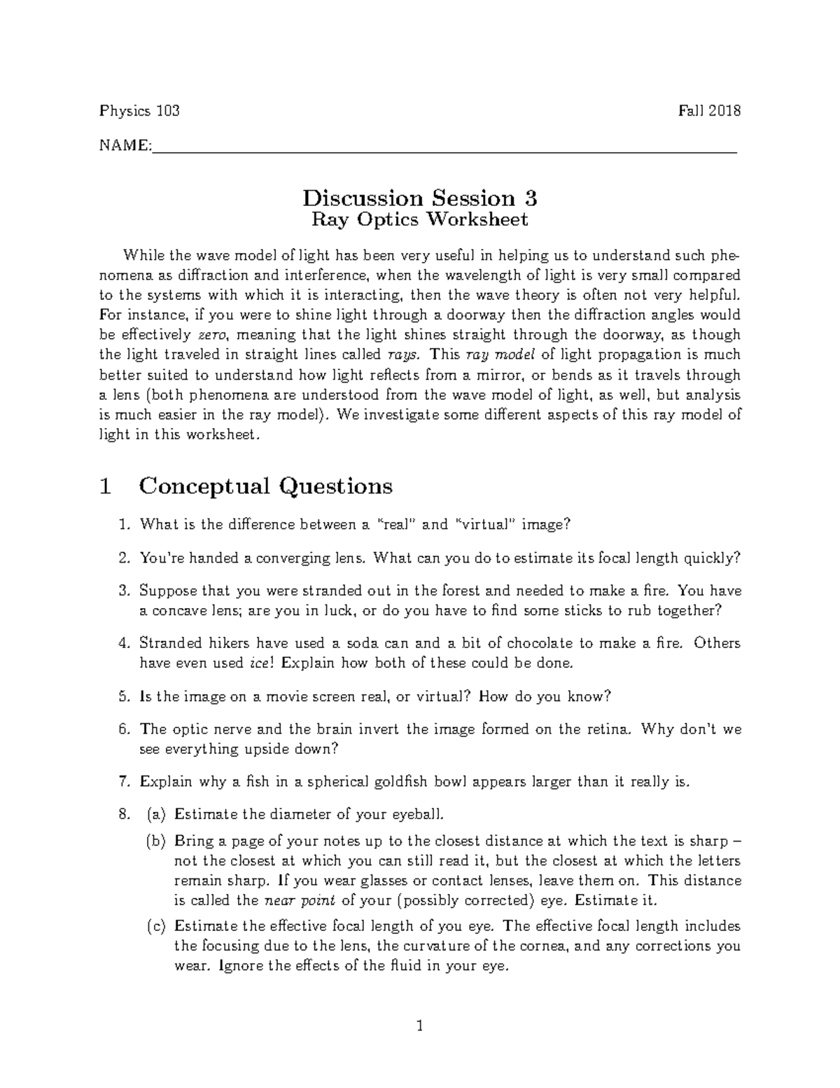 Physics 103 - Discussion 3: Ray Optics Lab Worksheet - Studocu