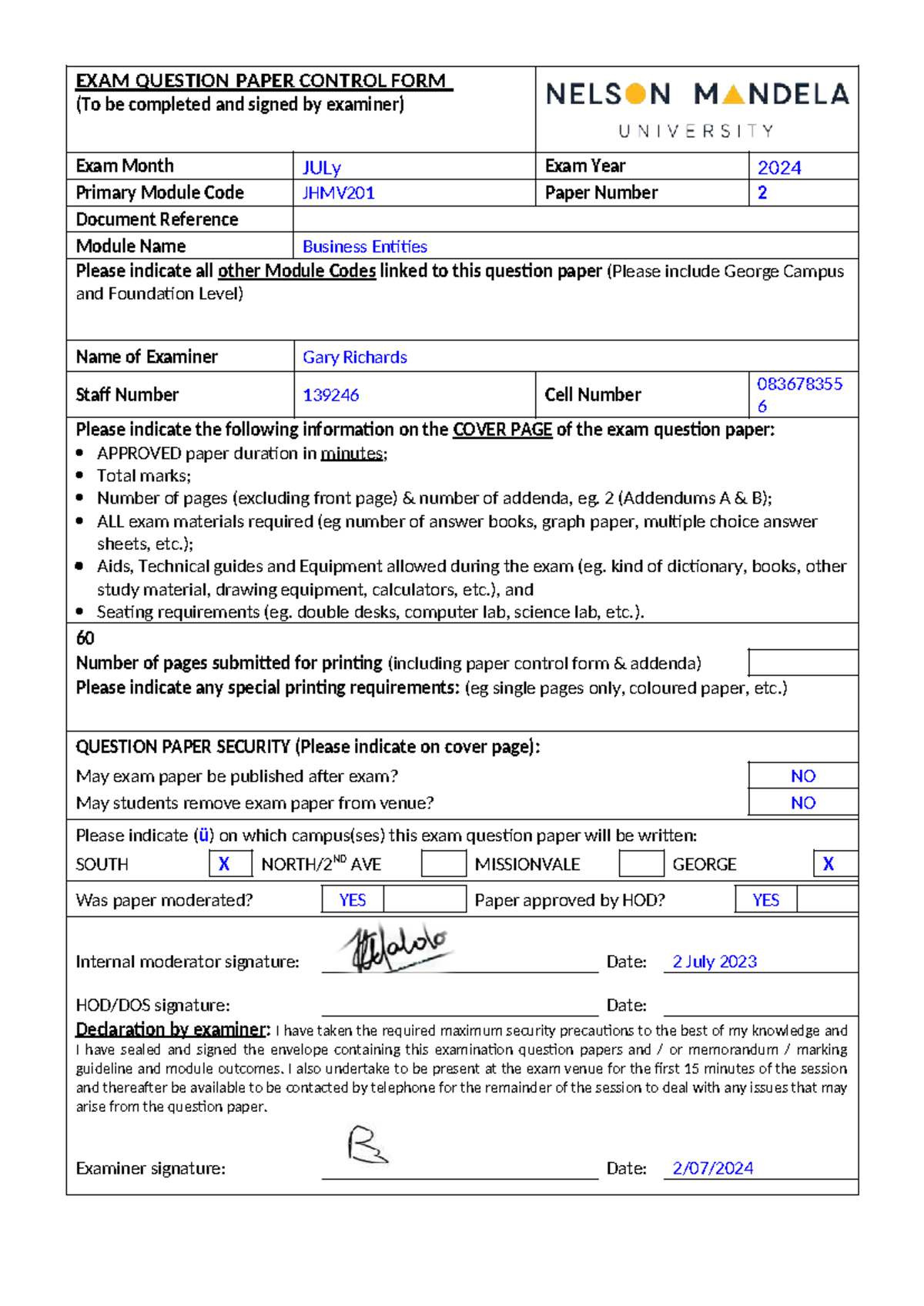 July 2024 Re-Exam Question Paper for JHMV201: Business Entities - Studocu
