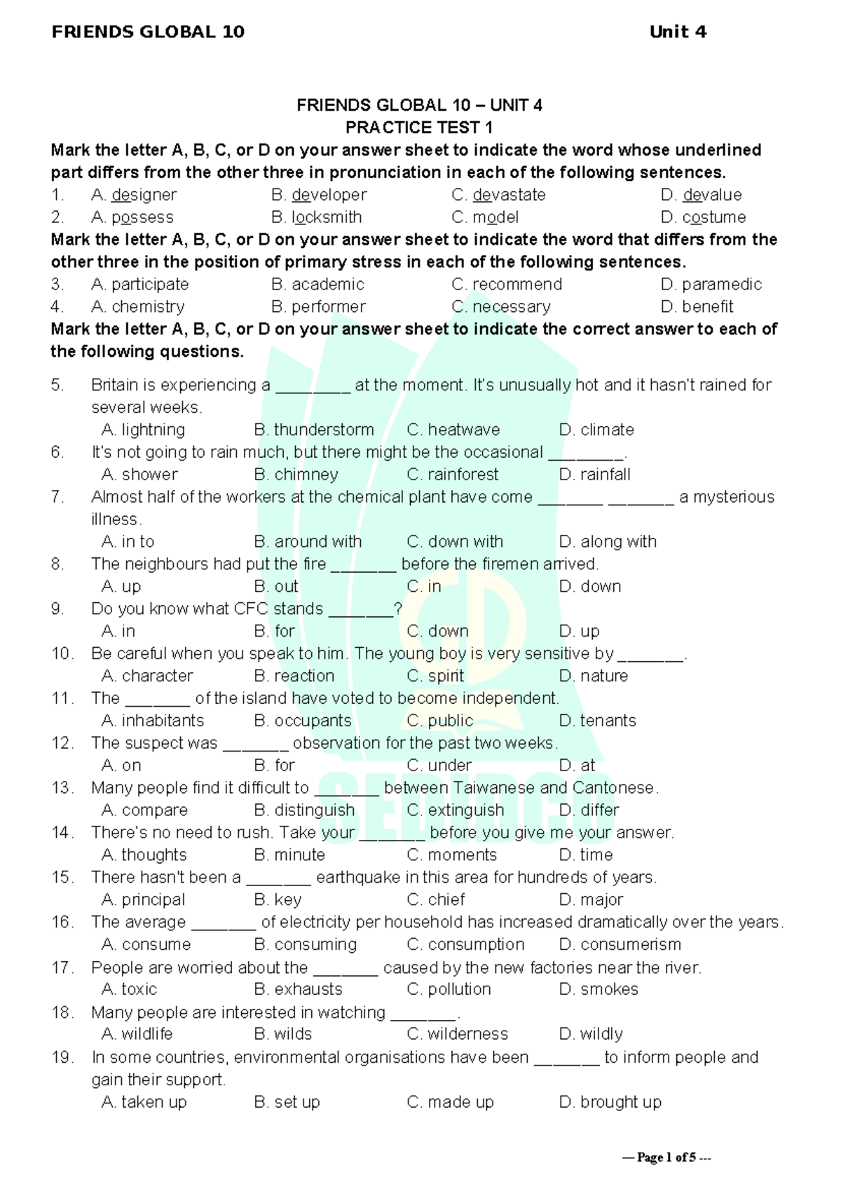 Tieng Anh 10 Friends Global - Unit 4 - Test 1 - FRIENDS GLOBAL 10 ...