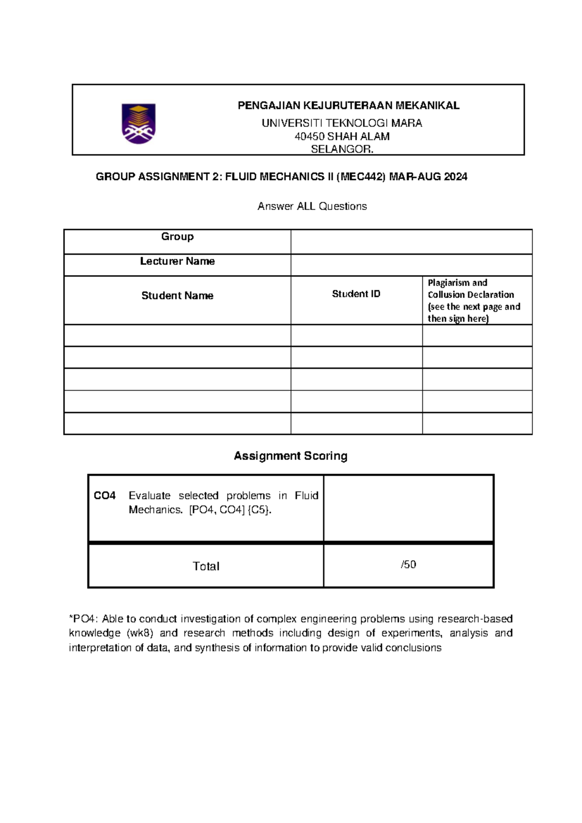 MEC442 Group Assignment 2: Fluid Mechanics II (Mar-Aug 2024) - Studocu
