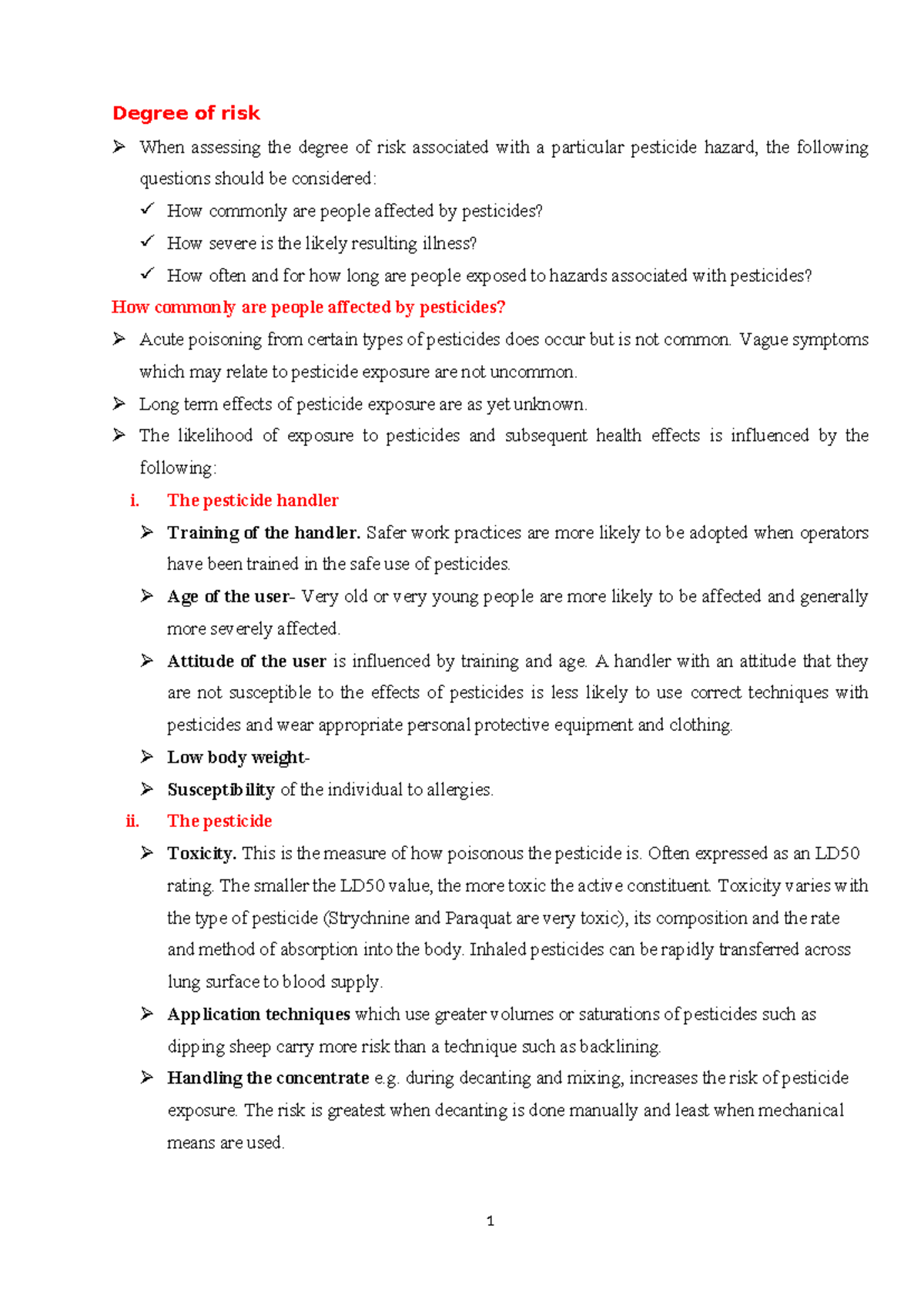 Degree of Risk Assessment for Pesticides - Lecture Notes - Studocu