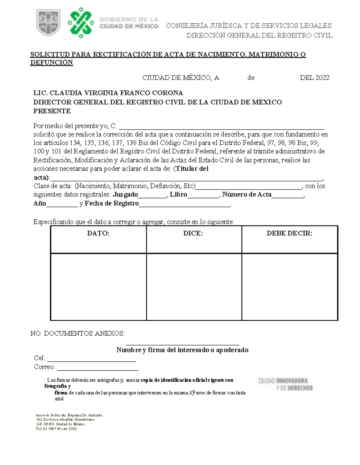 Solicitud de Rectificación de Acta de Nacimiento o Matrimonio CD MX
