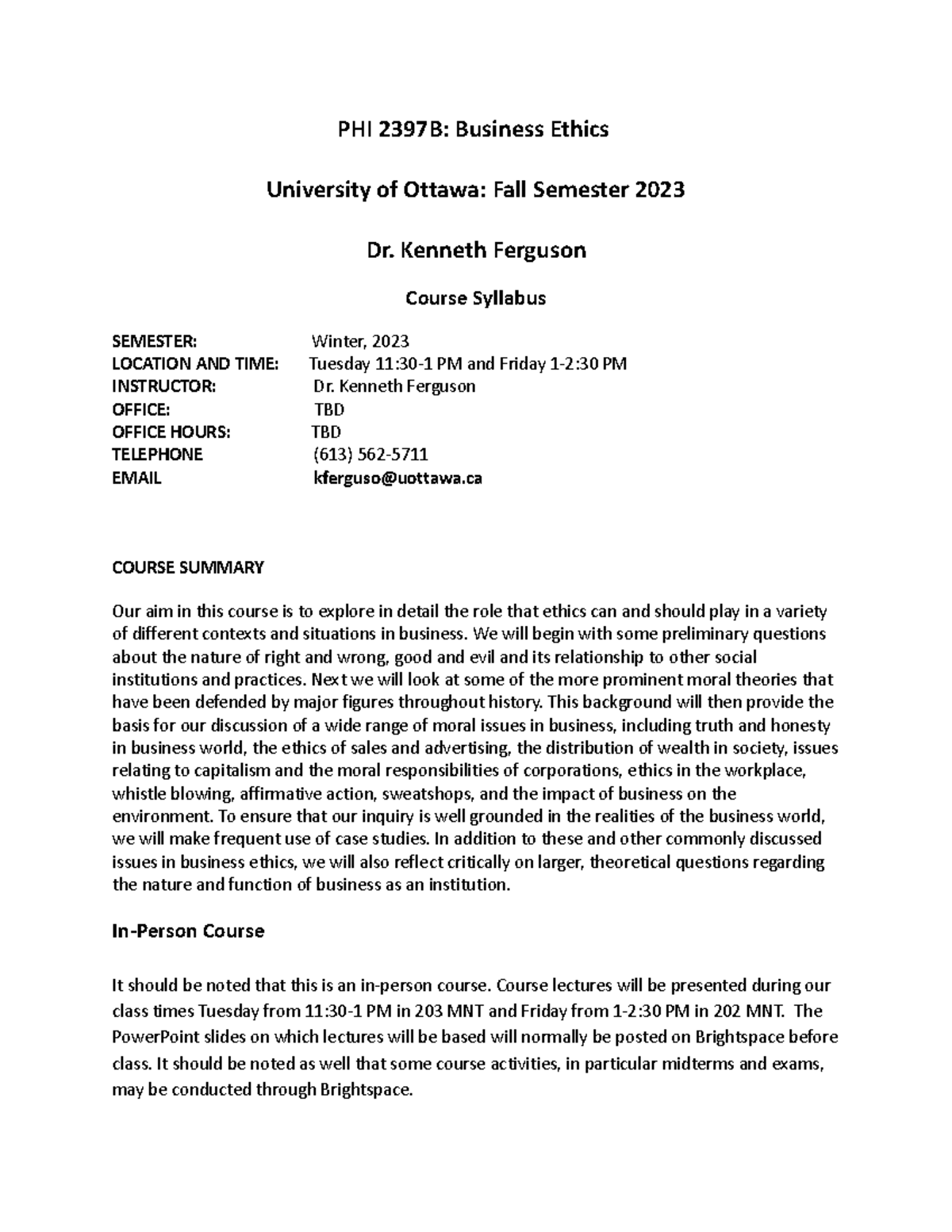 PHI 2397B: Business Ethics Course Syllabus - Fall 2023 - Studocu