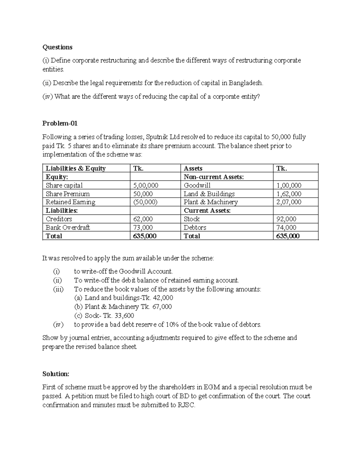 Discussion Problem: Capital Reduction (Corporate Restructuring) - Studocu