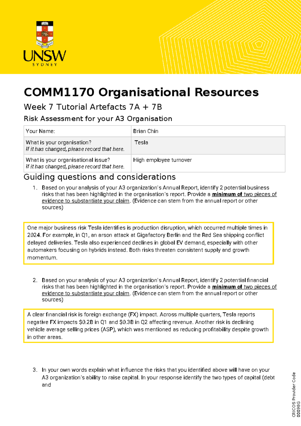 COMM1170 Week 7 Tutorial: Risk Assessment for Tesla A3 Organisation ...