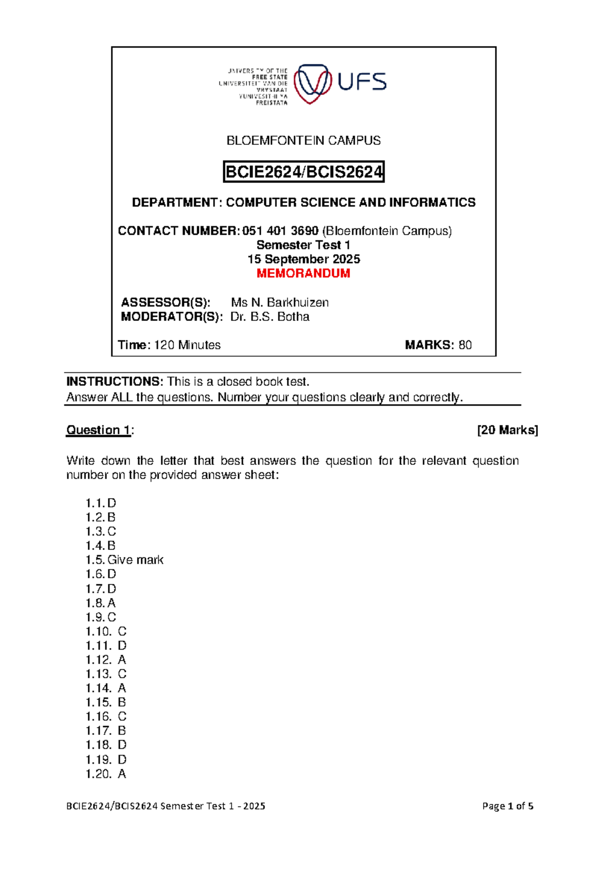BCI2624 2025 Semester Test 1 Memorandum and Solutions - Studocu