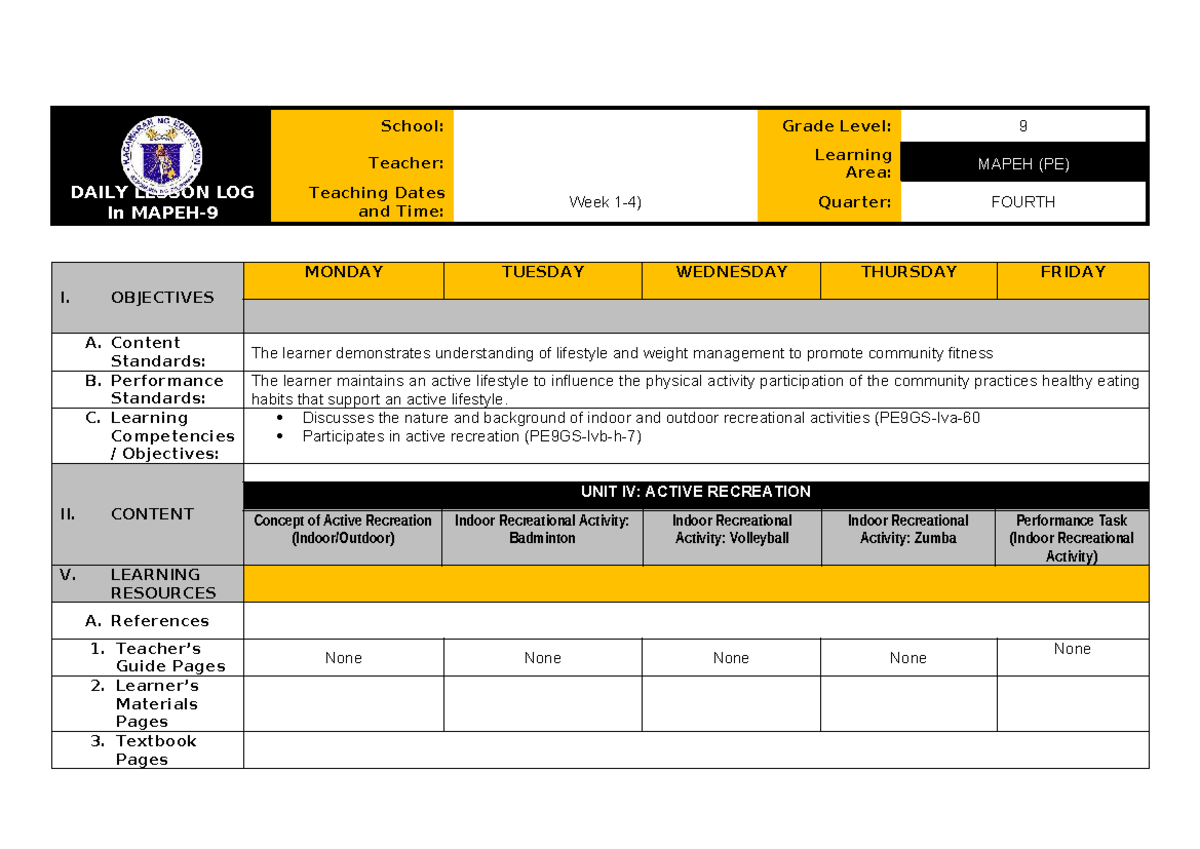 Q4 DLP: Indoor Recreational Activities for MAPEH (PE) Grade 9 - Studocu