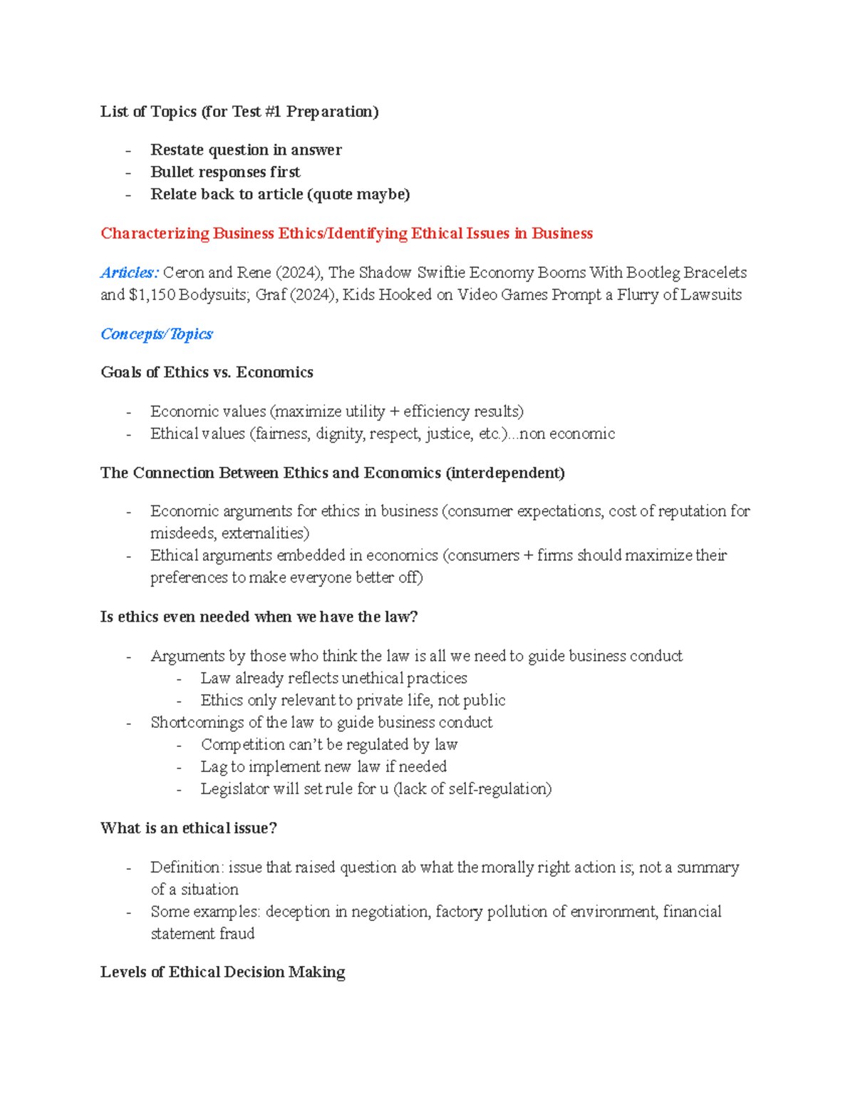 Business Ethics: Key Concepts & Theories Overview for Test #1 - Studocu