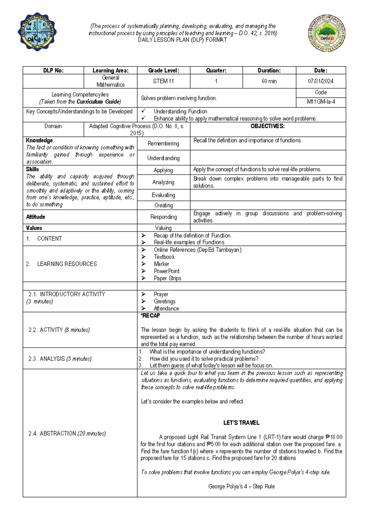 2 - Detailed Lesson Plan General Mathematics - (The process of ...