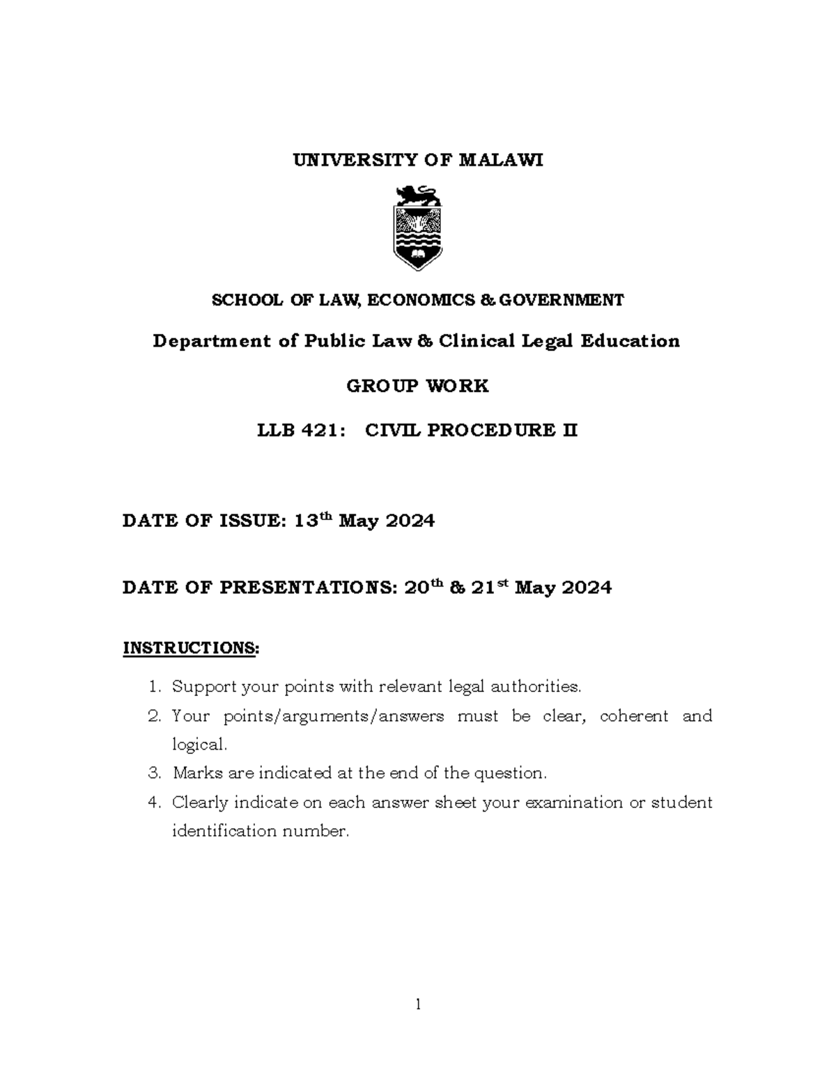 LLB 421: Civil Procedure II Group Work Assignment - May 2024 - Studocu