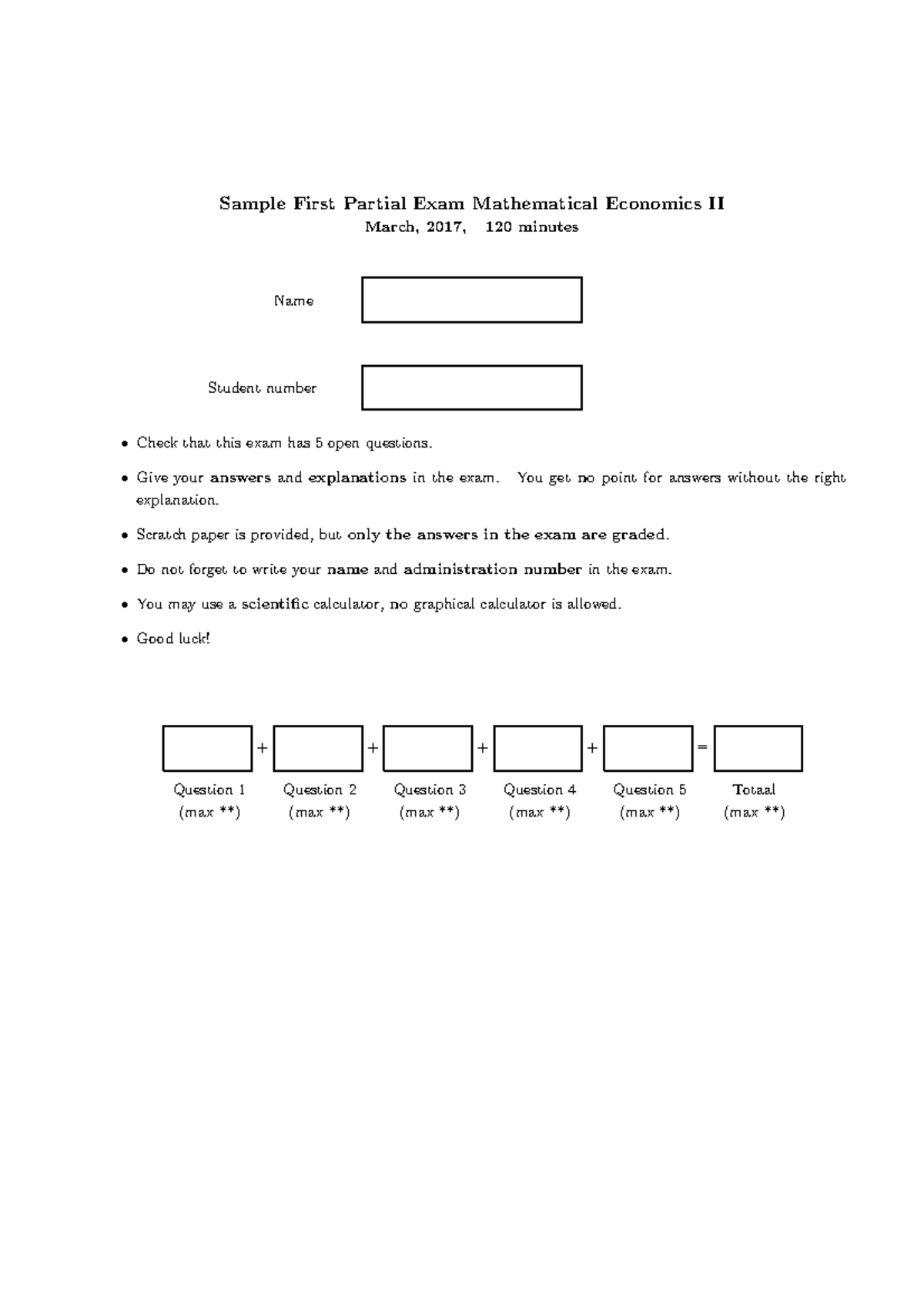 Mathematical Economics II (2016) Sample Midterm Exam Guide - Studeersnel