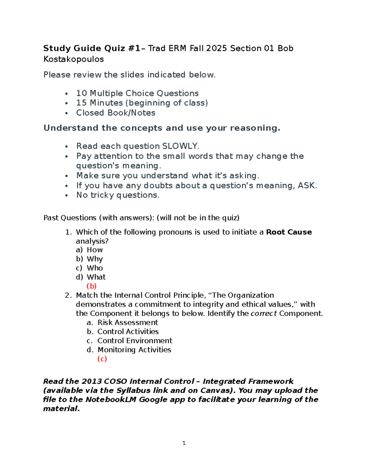 Study Guide Quiz #1 ERM Fall 2025 - Bob Kostakopoulos - Studocu